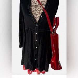 Zara Wool Blend Button Down Shirt Dress Black White Medium